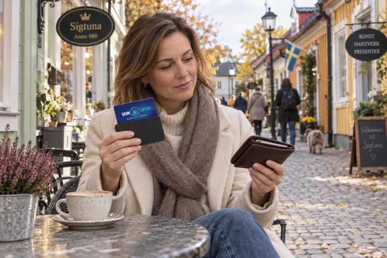 SkimSkydd RFID-skyddskort och plånbok i en vardagsscen utomhus vid Stora gatan i Sigtuna