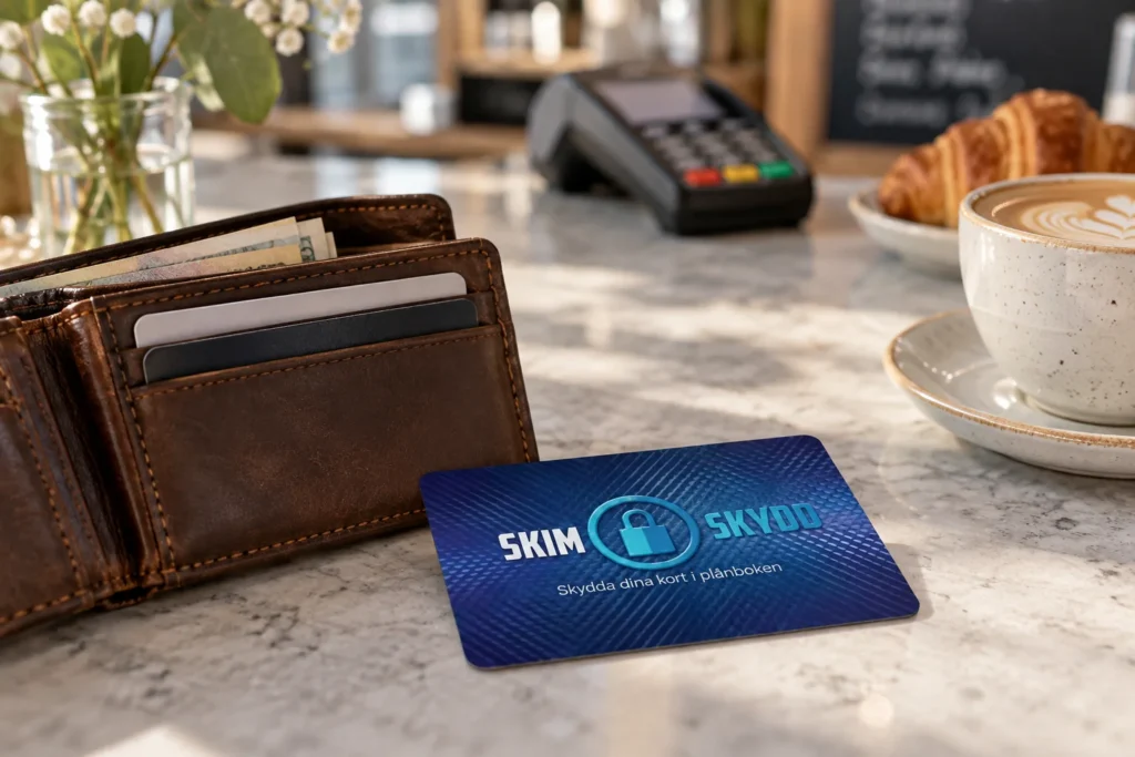 SkimSkydd-kort intill en plånbok vid en betalterminal