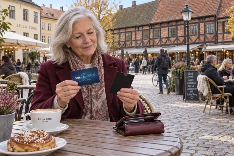 En person jämför kortförvaring på en uteservering på Lilla torg i Malmö