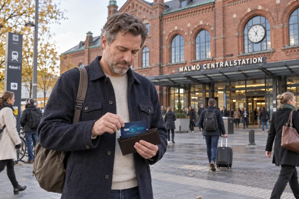 En person ordnar ett SkimSkydd RFID-skyddskort och bankkort i plånboken utanför Malmö centralstation