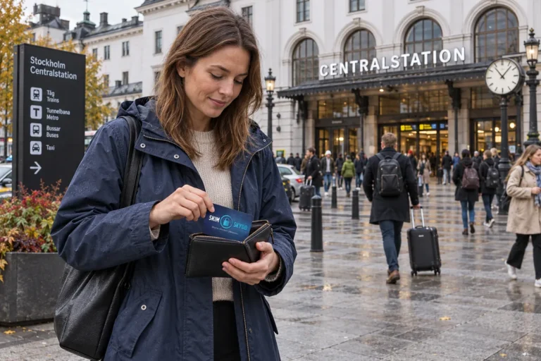 En person ordnar ett SkimSkydd RFID-skyddskort och bankkort i plånboken utanför Stockholms centralstation