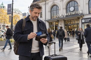 En resenär ordnar korten i plånboken utanför Stockholms centralstation