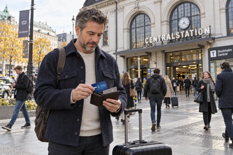 En resenär ordnar korten i plånboken utanför Stockholms centralstation