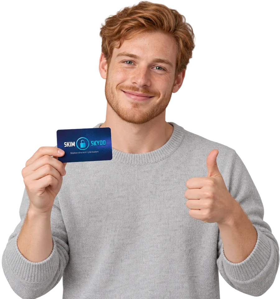 Man visar ett SkimSkydd RFID-skyddskort och gör tummen upp – reklambild