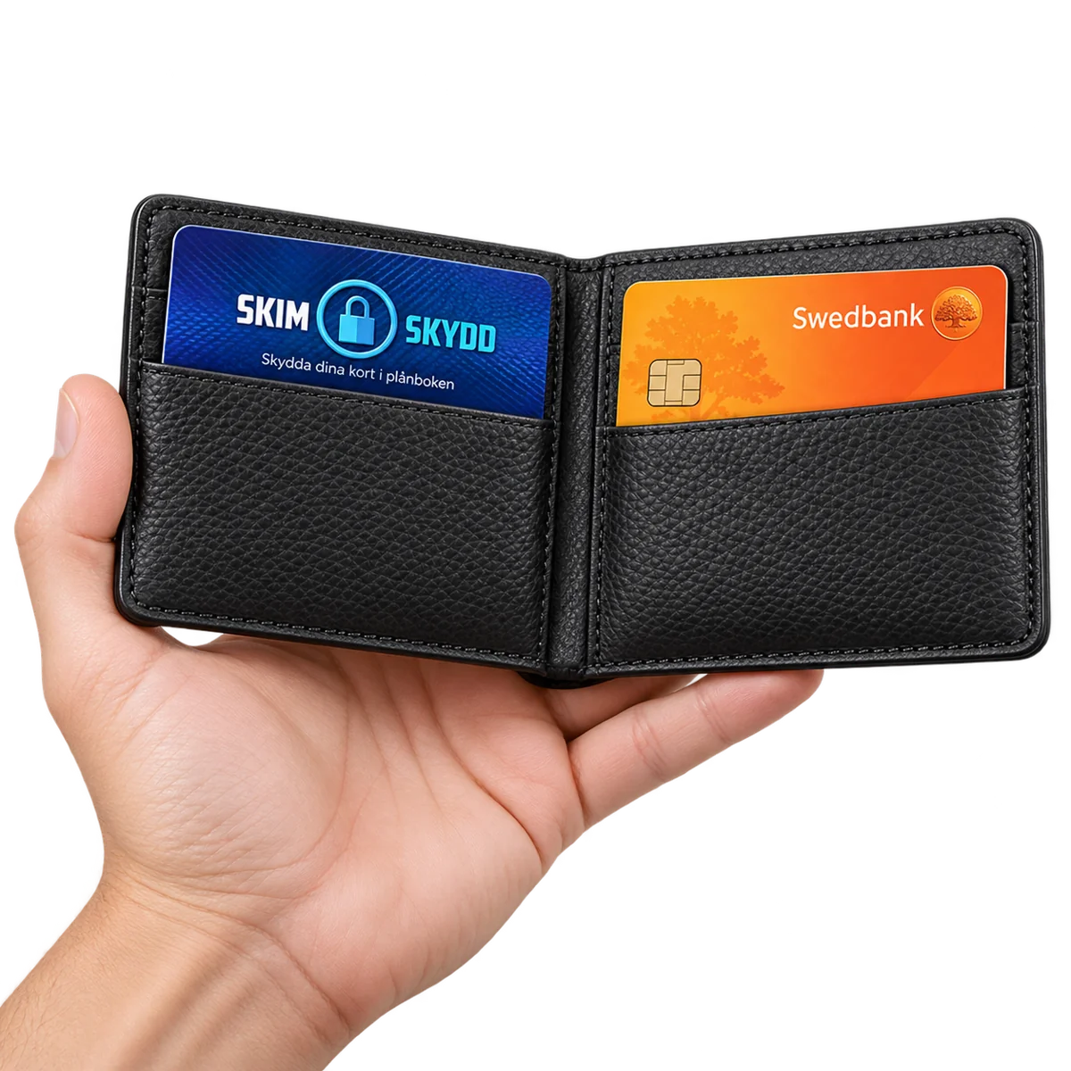 En hand håller en svart läderplånbok med SkimSkydd RFID-skyddskort och ett Swedbank-bankkort