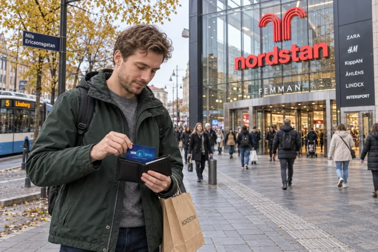 En person ordnar ett SkimSkydd RFID-skyddskort och bankkort i plånboken utanför Femman i Göteborg