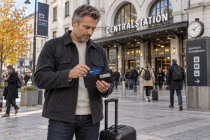 En resenär ordnar korten i plånboken utanför Stockholms centralstation