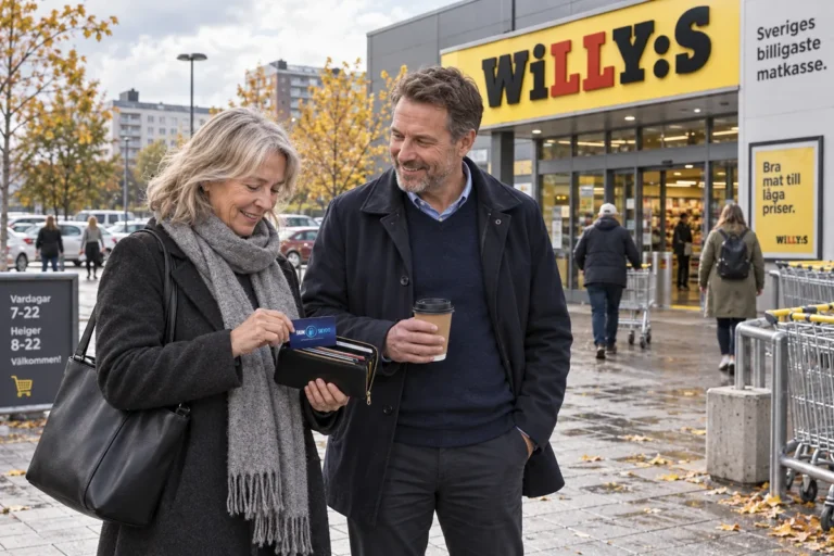 Kollegor ordnar företagskort under en lunchrast utanför en Willys-butik i Sverige