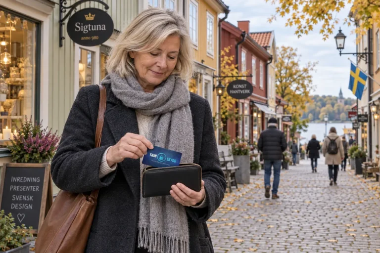 SkimSkydd RFID-skyddskort och plånbok i en vardagsscen utomhus vid Stora gatan i Sigtuna