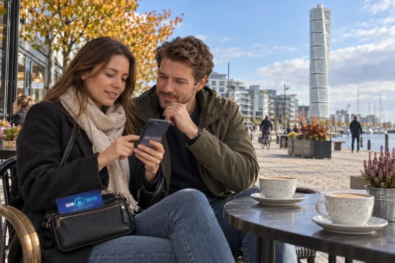 En person kontrollerar säkerhetsinställningar i mobilen i Västra Hamnen i Malmö