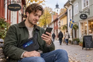 SkimSkydd RFID-skyddskort och plånbok i en vardagsscen utomhus vid Stora gatan i Sigtuna