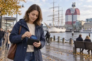 En person ordnar ett SkimSkydd RFID-skyddskort och bankkort i plånboken vid Lilla Bommen i Göteborg