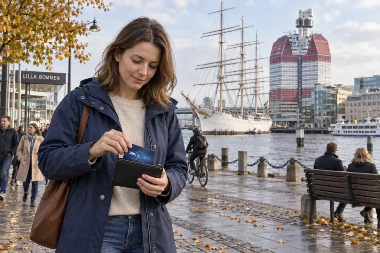 En person ordnar ett SkimSkydd RFID-skyddskort och bankkort i plånboken vid Lilla Bommen i Göteborg