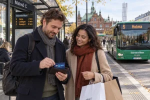 En person ordnar ett SkimSkydd RFID-skyddskort och bankkort i plånboken vid en busshållplats i Malmö