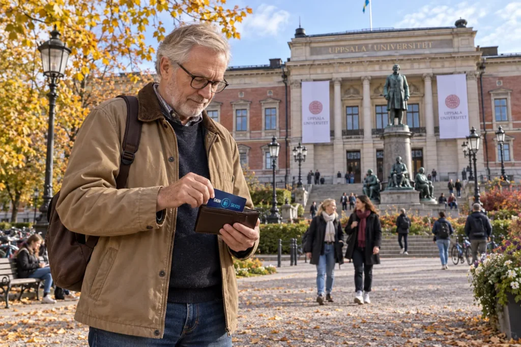 En person ordnar ett SkimSkydd RFID-skyddskort och bankkort i plånboken vid Uppsala universitets huvudbyggnad
