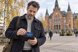 SkimSkydd RFID-skyddskort och plånbok i en vardagsscen utomhus vid Rådhustorget i Umeå