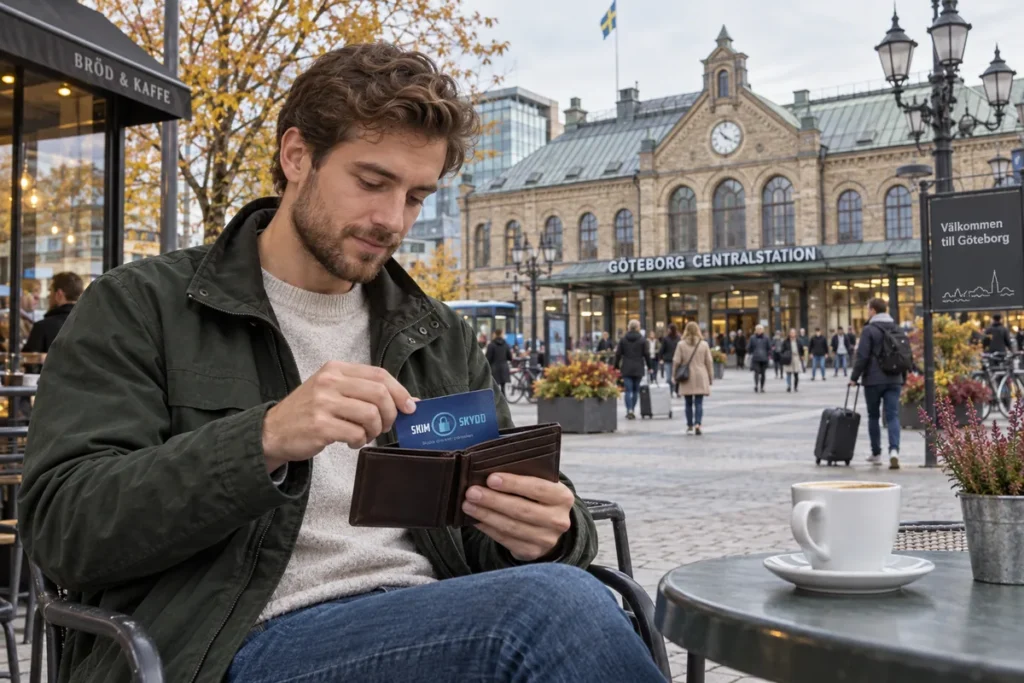 En person ordnar ett SkimSkydd RFID-skyddskort och bankkort i plånboken utanför Göteborgs centralstation