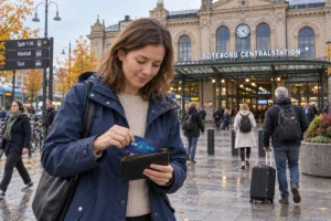 En person ordnar ett SkimSkydd RFID-skyddskort och bankkort i plånboken utanför Göteborgs centralstation