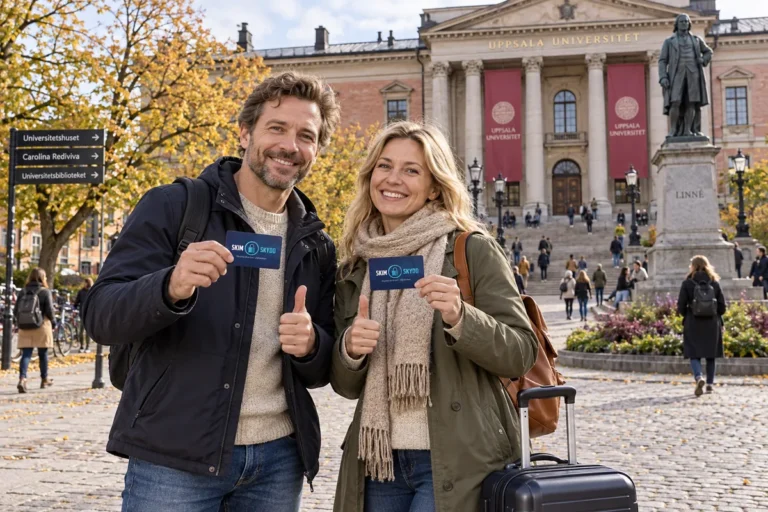 En person visar ett SkimSkydd RFID-skyddskort och gör tummen upp vid Uppsala universitets huvudbyggnad