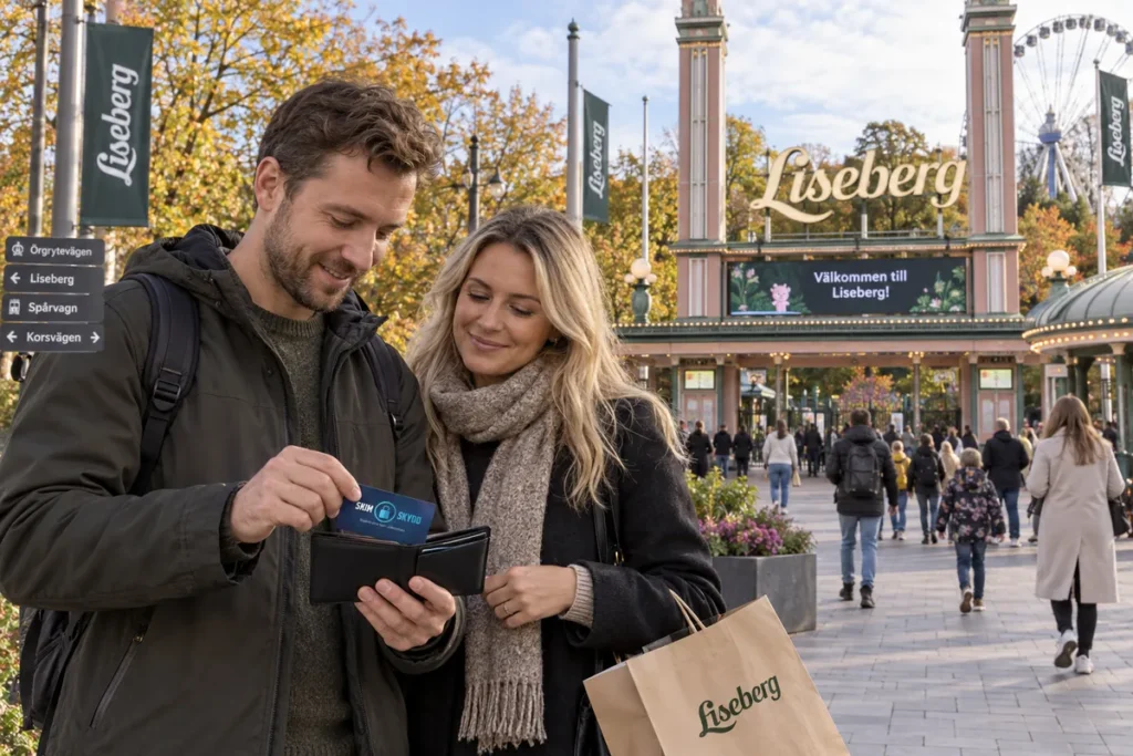 En person ordnar ett SkimSkydd RFID-skyddskort och bankkort i plånboken utanför Lisebergs entré i Göteborg