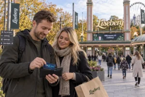 En person ordnar ett SkimSkydd RFID-skyddskort och bankkort i plånboken utanför Lisebergs entré i Göteborg