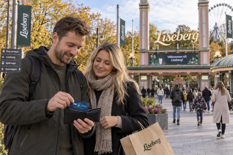 En person ordnar ett SkimSkydd RFID-skyddskort och bankkort i plånboken utanför Lisebergs entré i Göteborg