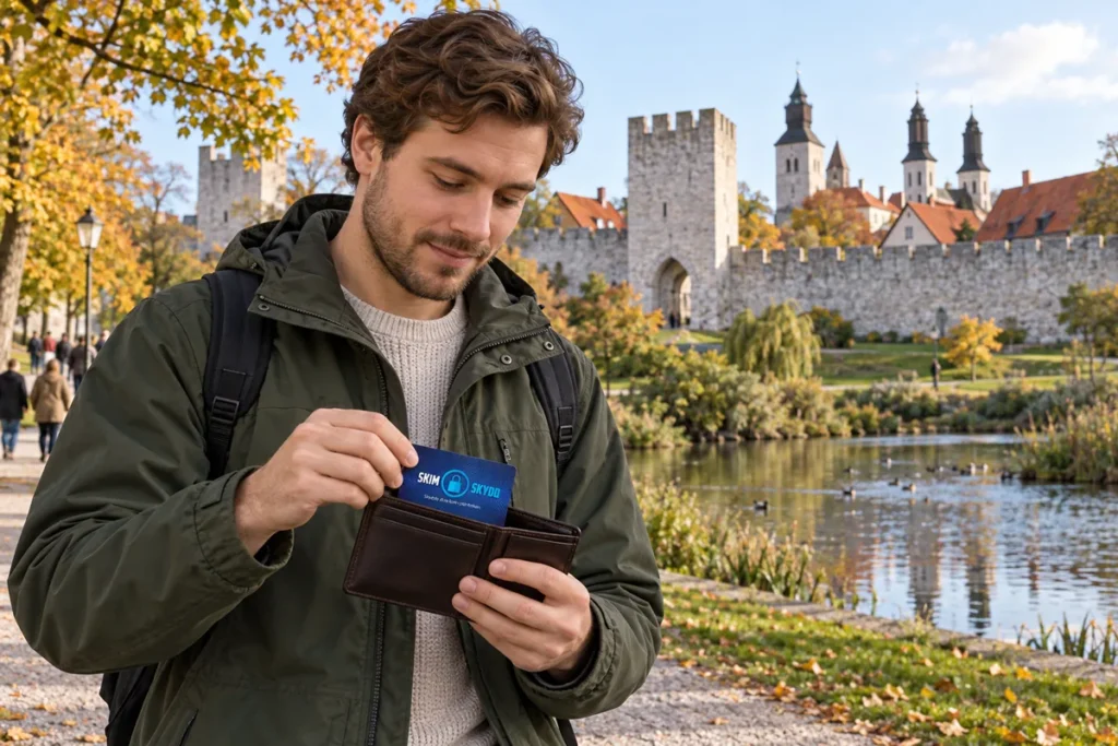 SkimSkydd RFID-skyddskort och plånbok i en vardagsscen utomhus vid Almedalen i Visby