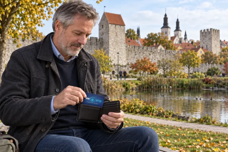 SkimSkydd RFID-skyddskort och plånbok i en vardagsscen utomhus vid Almedalen i Visby