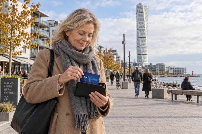 En person ordnar ett SkimSkydd RFID-skyddskort och bankkort i plånboken i Västra Hamnen i Malmö