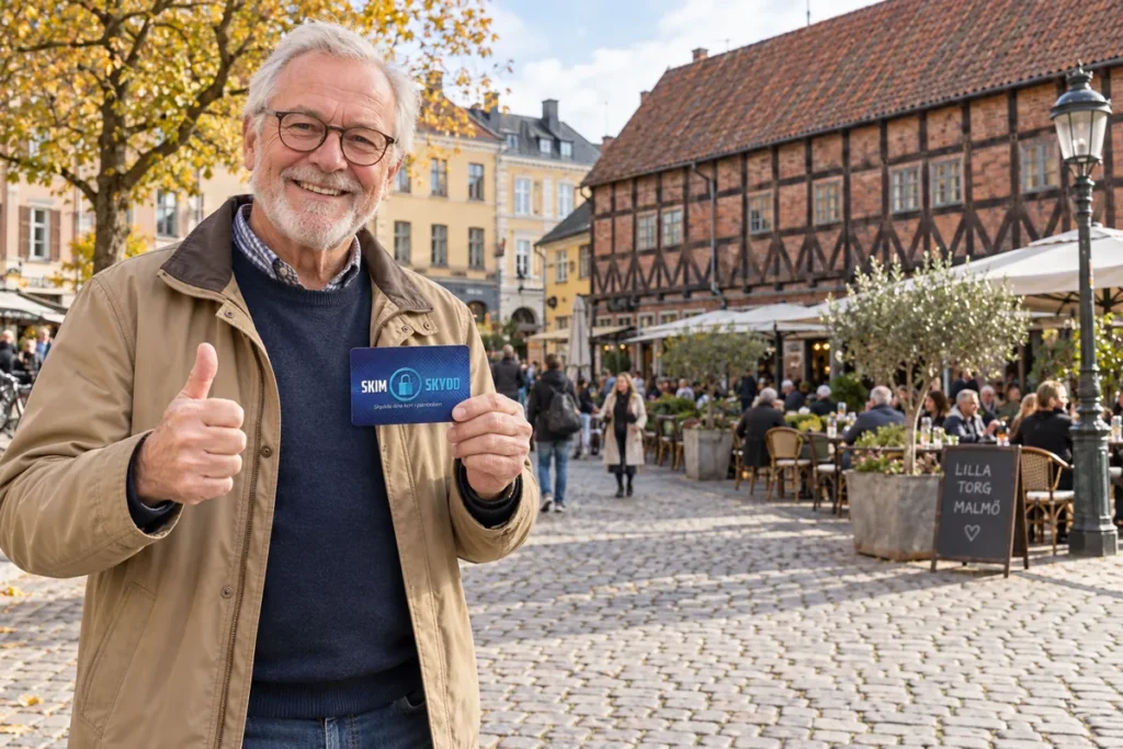 En person visar ett SkimSkydd RFID-skyddskort och gör tummen upp på Lilla torg i Malmö
