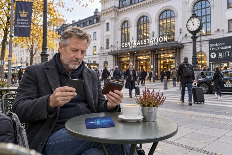 En person jämför kortförvaring på en uteservering utanför Stockholms centralstation