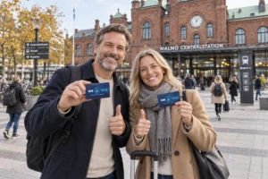 En person visar ett SkimSkydd RFID-skyddskort och gör tummen upp utanför Malmö centralstation
