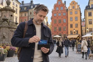 En person ordnar ett SkimSkydd RFID-skyddskort och bankkort i plånboken på Stortorget i Stockholm