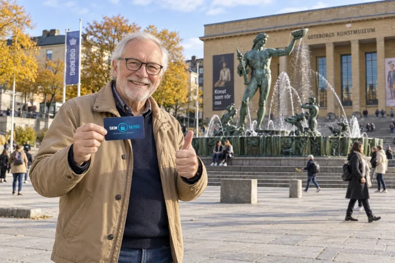 En person visar ett SkimSkydd RFID-skyddskort och gör tummen upp vid Poseidon på Götaplatsen