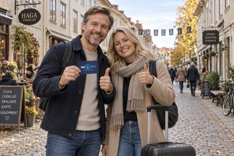En person visar ett SkimSkydd RFID-skyddskort och gör tummen upp på Haga Nygata i Göteborg