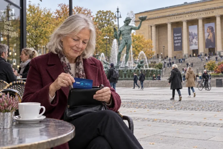 En person ordnar ett SkimSkydd RFID-skyddskort och bankkort i plånboken vid Poseidon på Götaplatsen