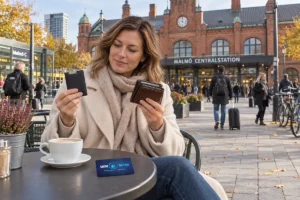 En person jämför kortförvaring på en uteservering utanför Malmö centralstation