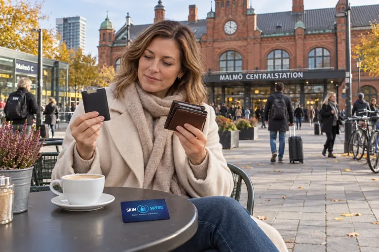 En person jämför kortförvaring på en uteservering utanför Malmö centralstation