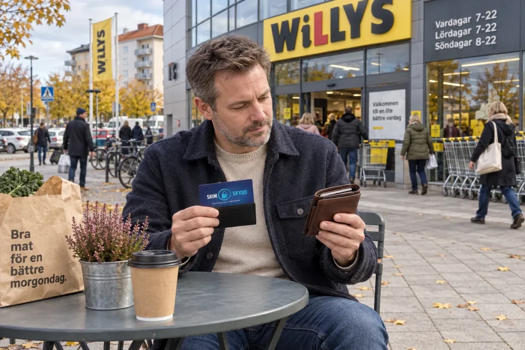 En person jämför kortförvaring på en uteservering utanför en Willys-butik i Sverige